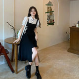 DERMEARNE Fake 2 Pcs Dresses Women Bandage Design Puff Sleeve Preppy Style Chic Irregular Summer Casual Hot Sweet Korean  Fashion Ins