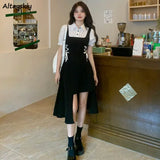 DERMEARNE Fake 2 Pcs Dresses Women Bandage Design Puff Sleeve Preppy Style Chic Irregular Summer Casual Hot Sweet Korean  Fashion Ins
