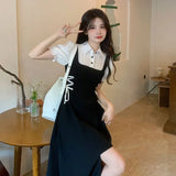 DERMEARNE Fake 2 Pcs Dresses Women Bandage Design Puff Sleeve Preppy Style Chic Irregular Summer Casual Hot Sweet Korean  Fashion Ins