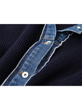 Dermearne Fall Winter Vintage Korean Fashion Woman Denim Patchwork Cardigan Single-breasted Sweater Lapel Knitwear Chic Aesthetic Stylish
