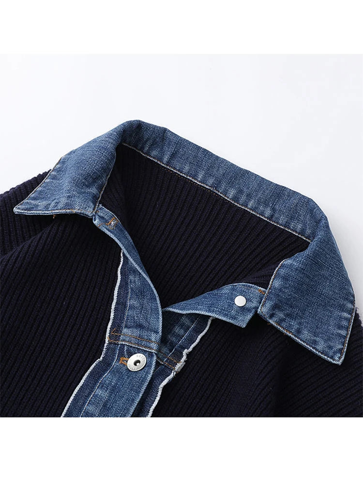 Dermearne Fall Winter Vintage Korean Fashion Woman Denim Patchwork Cardigan Single-breasted Sweater Lapel Knitwear Chic Aesthetic Stylish