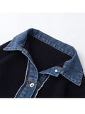 Dermearne Fall Winter Vintage Korean Fashion Woman Denim Patchwork Cardigan Single-breasted Sweater Lapel Knitwear Chic Aesthetic Stylish