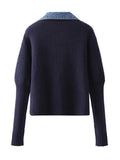 Dermearne Fall Winter Vintage Korean Fashion Woman Denim Patchwork Cardigan Single-breasted Sweater Lapel Knitwear Chic Aesthetic Stylish