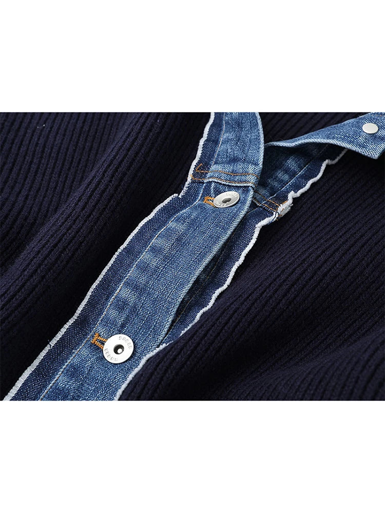 Dermearne Fall Winter Vintage Korean Fashion Woman Denim Patchwork Cardigan Single-breasted Sweater Lapel Knitwear Chic Aesthetic Stylish