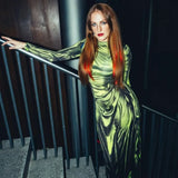 DERMEARNE Fashion 3D Pleated Printed Dress Women Long Sleeve Maxi Evening Party Dresses Autumn Winter Sexy Bodycon Night Club Dress 2024