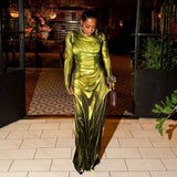DERMEARNE Fashion 3D Pleated Printed Dress Women Long Sleeve Maxi Evening Party Dresses Autumn Winter Sexy Bodycon Night Club Dress 2024