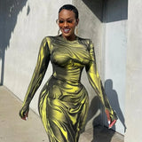 DERMEARNE Fashion 3D Pleated Printed Dress Women Long Sleeve Maxi Evening Party Dresses Autumn Winter Sexy Bodycon Night Club Dress 2024