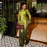 DERMEARNE Fashion 3D Pleated Printed Dress Women Long Sleeve Maxi Evening Party Dresses Autumn Winter Sexy Bodycon Night Club Dress 2024