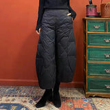 DERMEARNE Fashion Elastic Waist Down Cotton Wide-Leg Pants Women Autumn Winter Pantskirt 2024 Khaki Keep Warm Puffer Loose Pants Female