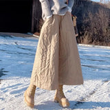 DERMEARNE Fashion Elastic Waist Down Cotton Wide-Leg Pants Women Autumn Winter Pantskirt 2024 Khaki Keep Warm Puffer Loose Pants Female