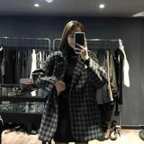 DERMEARNE Fashion Houndstooth Faux Wool Jacket Women Korean Loose Elegant Double Breasted Suit Overcoat Winter Thick Warm Blend Outerwear