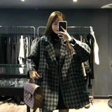 DERMEARNE Fashion Houndstooth Faux Wool Jacket Women Korean Loose Elegant Double Breasted Suit Overcoat Winter Thick Warm Blend Outerwear