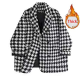 DERMEARNE Fashion Houndstooth Faux Wool Jacket Women Korean Loose Elegant Double Breasted Suit Overcoat Winter Thick Warm Blend Outerwear