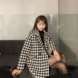 DERMEARNE Fashion Houndstooth Faux Wool Jacket Women Korean Loose Elegant Double Breasted Suit Overcoat Winter Thick Warm Blend Outerwear