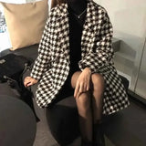 DERMEARNE Fashion Houndstooth Faux Wool Jacket Women Korean Loose Elegant Double Breasted Suit Overcoat Winter Thick Warm Blend Outerwear