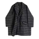 DERMEARNE Fashion Houndstooth Faux Wool Jacket Women Korean Loose Elegant Double Breasted Suit Overcoat Winter Thick Warm Blend Outerwear