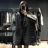 DERMEARNE Fashion Houndstooth Faux Wool Jacket Women Korean Loose Elegant Double Breasted Suit Overcoat Winter Thick Warm Blend Outerwear