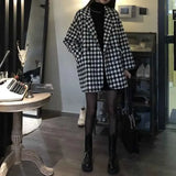 DERMEARNE Fashion Houndstooth Faux Wool Jacket Women Korean Loose Elegant Double Breasted Suit Overcoat Winter Thick Warm Blend Outerwear