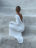 DERMEARNE Fashion Solid Hollow Out Maxi Dress For Women Elegant Round Neck Long Sleeve Backless Slim Dresses 2024 New Female Evening Gowns