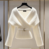 DERMEARNE Fashion Women White Knitted Sweater Blouses V-neck Long Sleeve New Vintage Top Soft Luxury Pullovers Sweater 2025 Autumn Winter