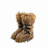 Dermearne Faux Fur Knee-High Boot Round Toe Height Increasing Wild Winter Warmer Belt Buckle Slip-On Fashion Luxury Sexy Women Shoe Newest