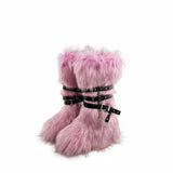 Dermearne Faux Fur Knee-High Boot Round Toe Height Increasing Wild Winter Warmer Belt Buckle Slip-On Fashion Luxury Sexy Women Shoe Newest