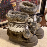 DERMEARNE Faux Fur  Women Winter Snow  Luxury Fluffy Fuzzy  Warm Cozy Waterproof Platform Lace-up Mid-Calf Ski Boots 2025 New Hot