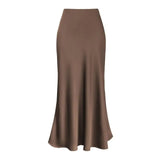 DERMEARNE Fishtail Maxi Skirt Elegant Faux Silk Satin Skirts for Women High Waist A-line Office Lady Skirt Solid Color Glossy Finish