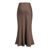 DERMEARNE Fishtail Maxi Skirt Elegant Faux Silk Satin Skirts for Women High Waist A-line Office Lady Skirt Solid Color Glossy Finish