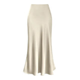 DERMEARNE Fishtail Maxi Skirt Elegant Faux Silk Satin Skirts for Women High Waist A-line Office Lady Skirt Solid Color Glossy Finish