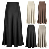 DERMEARNE Fishtail Maxi Skirt Elegant Faux Silk Satin Skirts for Women High Waist A-line Office Lady Skirt Solid Color Glossy Finish
