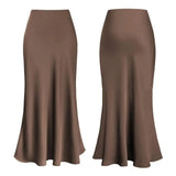 DERMEARNE Fishtail Maxi Skirt Elegant Faux Silk Satin Skirts for Women High Waist A-line Office Lady Skirt Solid Color Glossy Finish