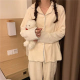 DERMEARNE Flannel Women's Pajamas Sets Casual Autumn Winter Sleepwear Velvet Pyjama Ladies Cardigan Simple Bedroom Soft Warm Home Clothes