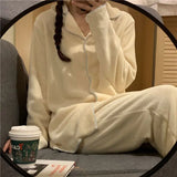 DERMEARNE Flannel Women's Pajamas Sets Casual Autumn Winter Sleepwear Velvet Pyjama Ladies Cardigan Simple Bedroom Soft Warm Home Clothes