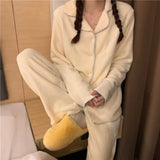 DERMEARNE Flannel Women's Pajamas Sets Casual Autumn Winter Sleepwear Velvet Pyjama Ladies Cardigan Simple Bedroom Soft Warm Home Clothes