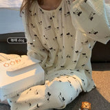 DERMEARNE Floral Sleepwear Women Pajama Sets Autumn Korean Pants Sets 2 Pieces Piiama Night Wears Long Sleeve Casual Ruffles Home Suit New