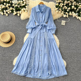 DERMEARNE French Elegant Lace Patchwork Long Sleeves Lapel Single Breasted Dress Casual Women Fashion Autumn Vestidos Dress