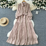 DERMEARNE French Elegant Lace Patchwork Long Sleeves Lapel Single Breasted Dress Casual Women Fashion Autumn Vestidos Dress