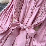 DERMEARNE French Elegant Lace Patchwork Long Sleeves Lapel Single Breasted Dress Casual Women Fashion Autumn Vestidos Dress