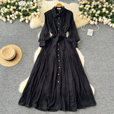 DERMEARNE French Elegant Lace Patchwork Long Sleeves Lapel Single Breasted Dress Casual Women Fashion Autumn Vestidos Dress