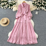 DERMEARNE French Elegant Lace Patchwork Long Sleeves Lapel Single Breasted Dress Casual Women Fashion Autumn Vestidos Dress