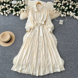DERMEARNE French Elegant Lace Patchwork Long Sleeves Lapel Single Breasted Dress Casual Women Fashion Autumn Vestidos Dress