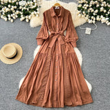 DERMEARNE French Elegant Lace Patchwork Long Sleeves Lapel Single Breasted Dress Casual Women Fashion Autumn Vestidos Dress