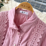 DERMEARNE French Elegant Lace Patchwork Long Sleeves Lapel Single Breasted Dress Casual Women Fashion Autumn Vestidos Dress