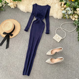 DERMEARNE French Elegant V Neck Long Sleeve Knit A-line Dress Slim Fashion Sweater Sexy Women Autumn Winter Clothing