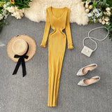 DERMEARNE French Elegant V Neck Long Sleeve Knit A-line Dress Slim Fashion Sweater Sexy Women Autumn Winter Clothing