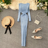 DERMEARNE French Elegant V Neck Long Sleeve Knit A-line Dress Slim Fashion Sweater Sexy Women Autumn Winter Clothing