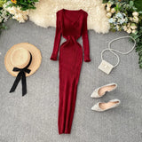 DERMEARNE French Elegant V Neck Long Sleeve Knit A-line Dress Slim Fashion Sweater Sexy Women Autumn Winter Clothing
