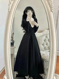 DERMEARNE French Elegant Vintage Lolita Dress Ruffles Stand Collar Long Sleeve High Waist A-line Slim Black Long Dress Women Autumn 2024