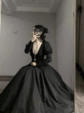 DERMEARNE French Elegant Vintage Lolita Dress Ruffles Stand Collar Long Sleeve High Waist A-line Slim Black Long Dress Women Autumn 2024
